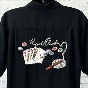 Luau Royal Flush Poker Cigar Hawaiian Camp Shirt Embroidered Silk Black L Large